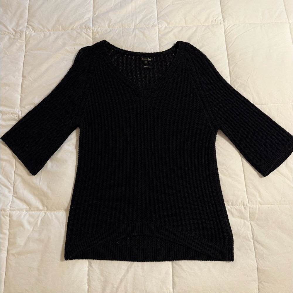 Massimo Dutti Black Cotton V-Neck Knit Sweater Size XS